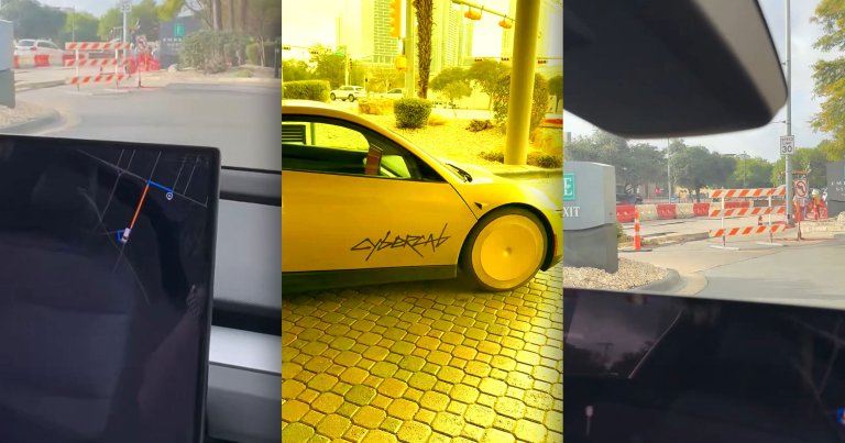 Screenshots of a video of a Tesla Robotaxi struggling to leave a hotel parking lot.