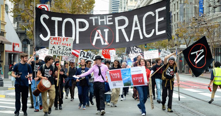 Protesters during a "Stop the AI Race" demonstration calling for a slowdown in the development of advanced AI in San Francisco.
