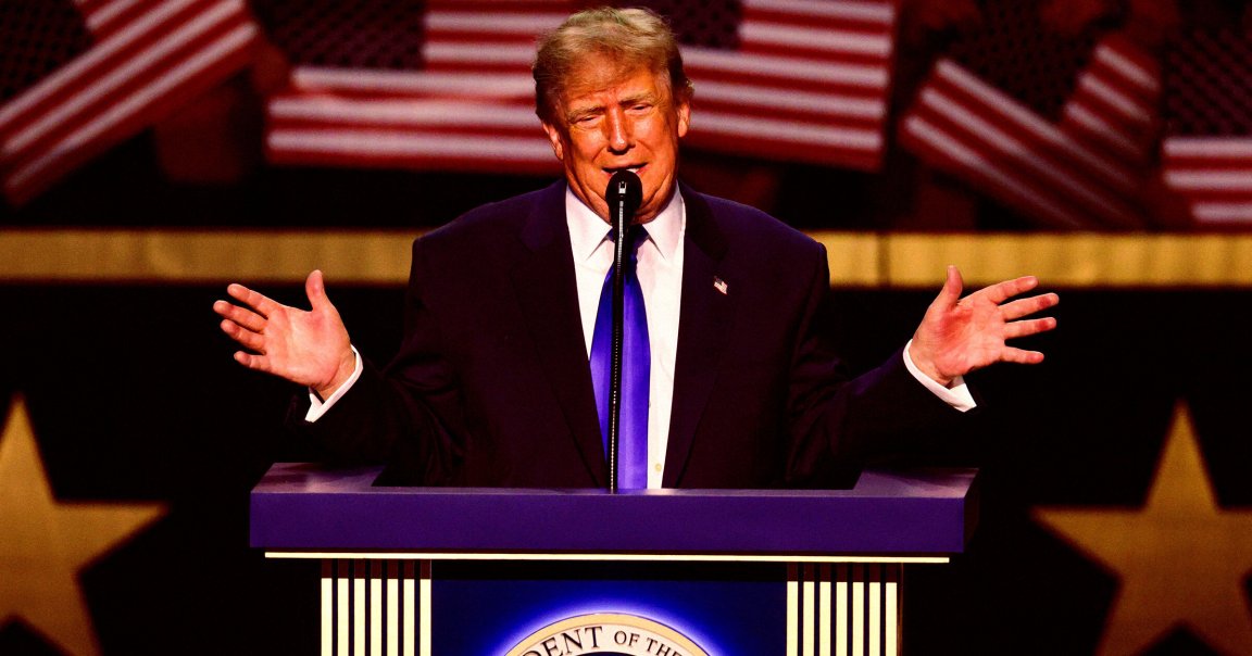 Donald Trump speaking at a podium with the presidential seal, wearing a dark suit, white shirt, and blue tie, with multiple American flags in the background.
