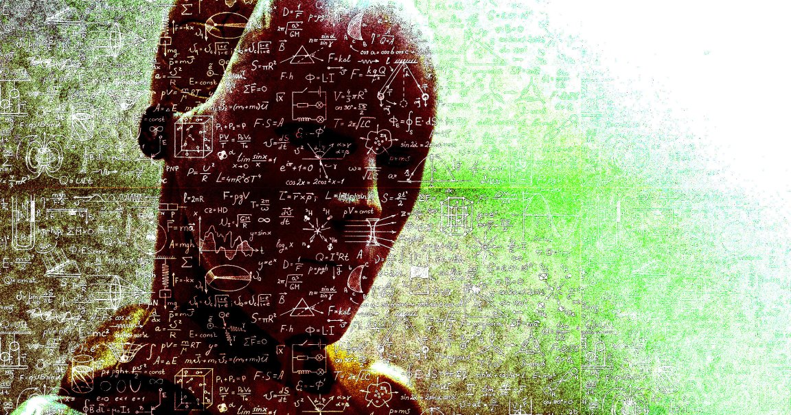 A photo illustration of a robot in front of math problems.