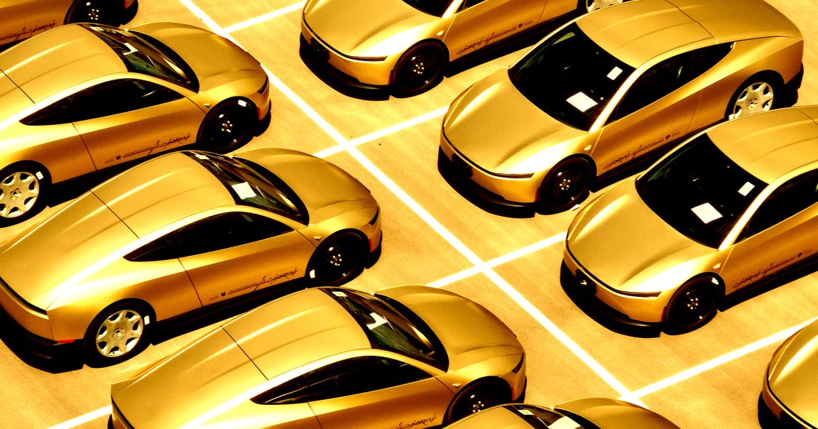 Tesla Cybercabs are lined up on a lot at Tesla Giga Texas in Austin.