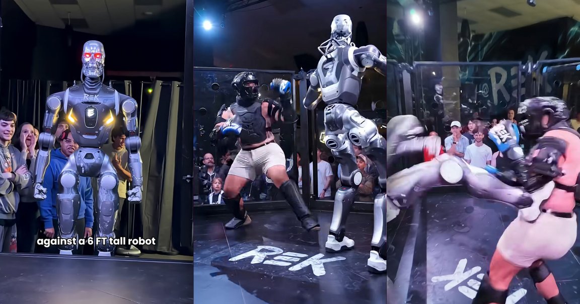 Screenshots of an influencer boxing with a six-foot humanoid robot.