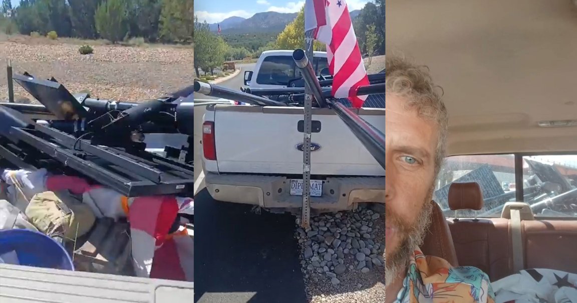 Stills from a video show a pickup filled with uprooted Flock cameras.