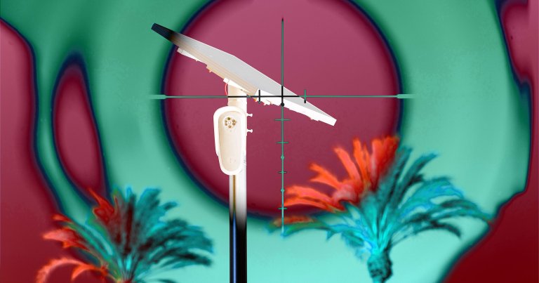 A color-treated photo of a Flock camera.