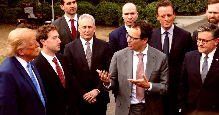 Dario Amodei, co-founded Anthropic, looks to Mark Zuckerberg, CEO of Meta Platforms, and U.S. President Donald Trump as Trump holds a press briefing with AI executives.