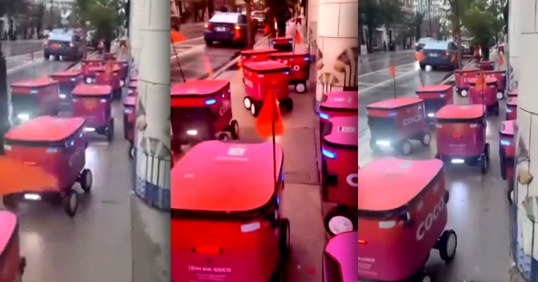 Screenshots of a swarm of Coco delivery robots on a sidewalk.