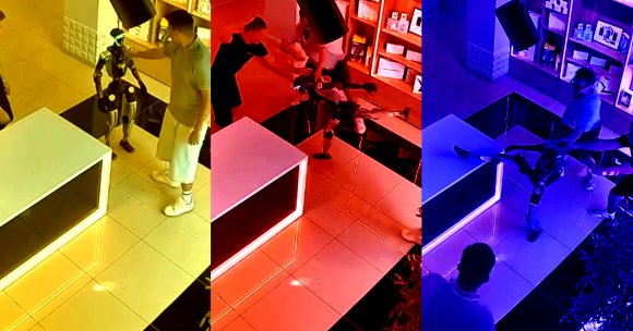Screenshots of CCTV footage showing a humanoid robot kicking a stranger.