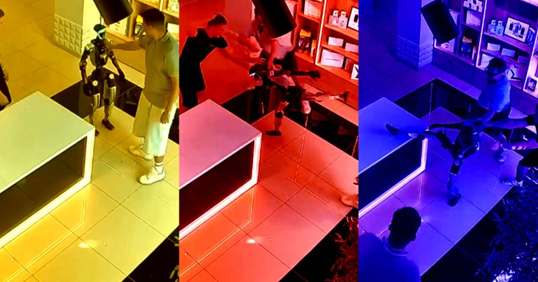 Screenshots of CCTV footage showing a humanoid robot kicking a stranger.