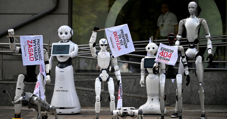 Humanoid and quadruped robots attend a demonstration calling for the regulation of artificial intelligence development in Warsaw.