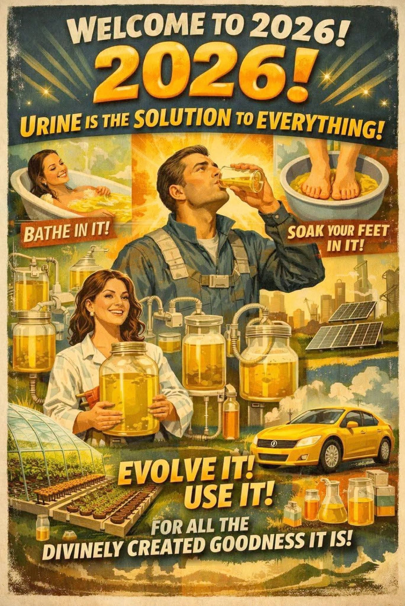 An AI-generated poster encouraging urine therapy, featuring a collage of people soaking and drinking urine alongside full jugs of urine.
