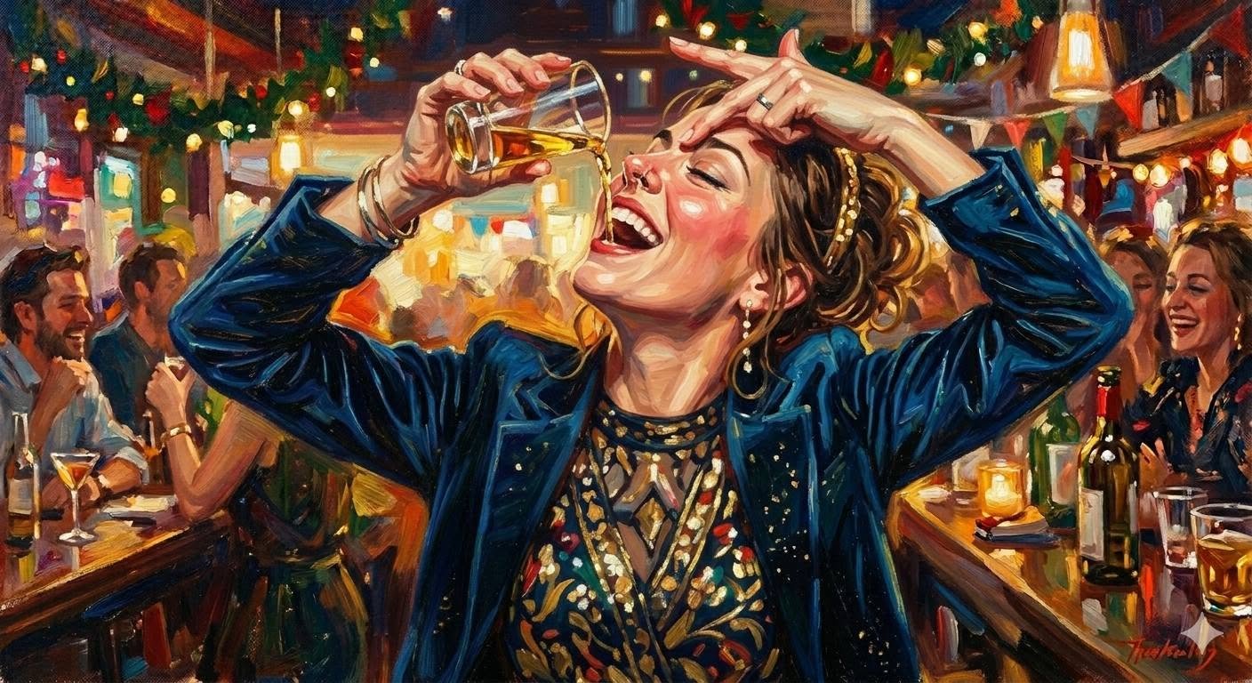 An AI-generated image of a woman behind a bar knocking back a glass of urine, in the style of an oil-painting.