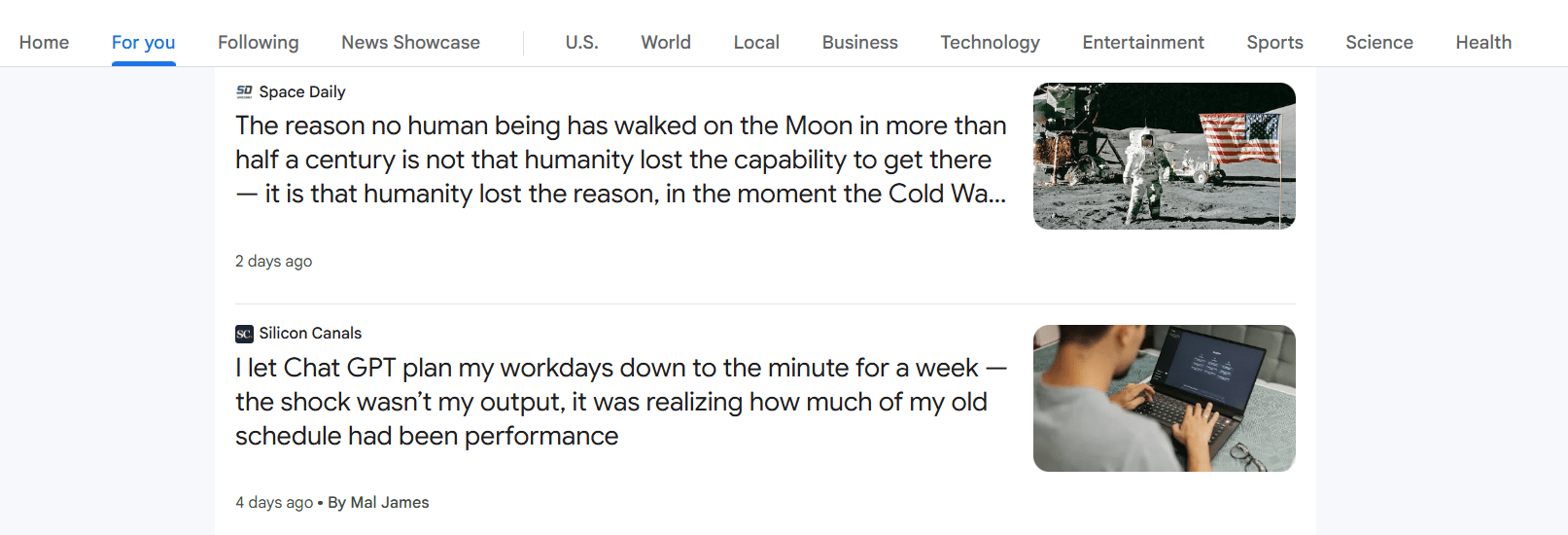 Screenshot of Google News showing articles by by the Brown Brothers Media publications Space Daily and Silicon Canals at the very top of Google News' "For You" tab.