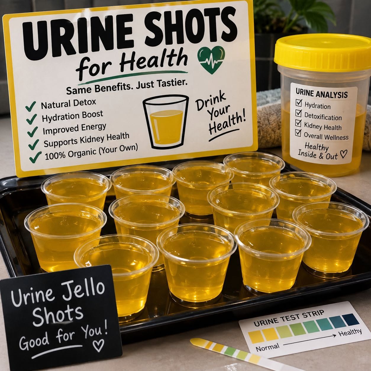 An AI-generated image of a tray of urine jello shots, along with signs making various health claims.