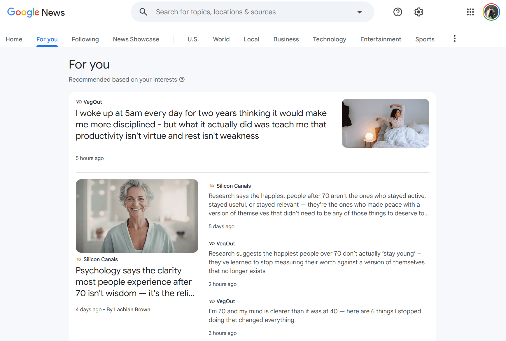 Screenshot of Google News showing articles by by the Brown Brothers Media publications VegOut and Silicon Canals at the very top of Google News' "For You" tab.