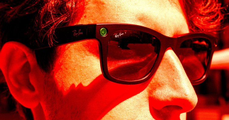A close up of a person wearing Meta's AI smart glasses.