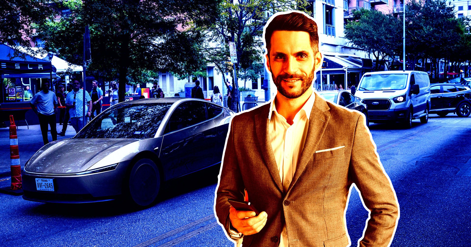 A photo illustration of a man in front of a row of Tesla Cybercabs.