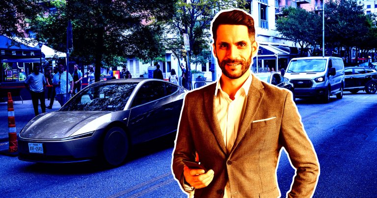 A photo illustration of a man in front of a row of Tesla Cybercabs.