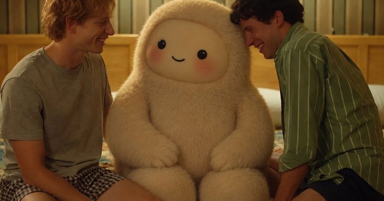 An AI-generated image of Meta's AI assistant sitting between two men on the end of a bed.