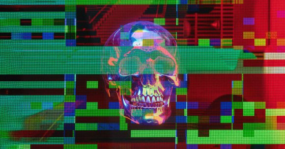 A photo illustration of a skull and glitch art.
