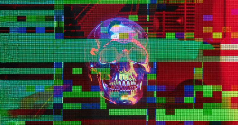 A photo illustration of a skull and glitch art.