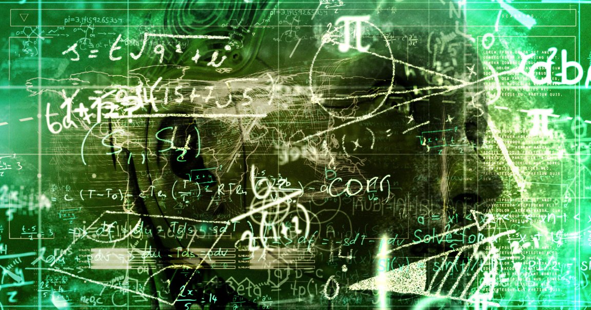 A photo illustration of math equations and a robot head.