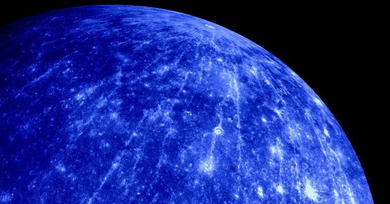 A color-treated photo of the surface of Mercury.