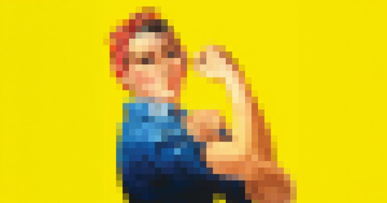 A pixellated image of "Rosie the Riveter" as depicted by J. Howard Miller in the piece "We Can Do It!"