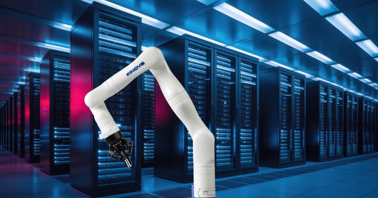 A white robotic arm labeled "KINOVA" with a black gripper is positioned in front of a row of tall, black server racks in a data center. The room is illuminated with blue and purple lighting, creating a high-tech atmosphere.