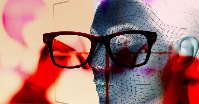 A photo illustration showing a face scan and Meta's smart glasses.