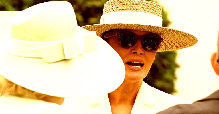 US First Lady Melania Trump tries on Meta RayBan glasses during a youth activity.