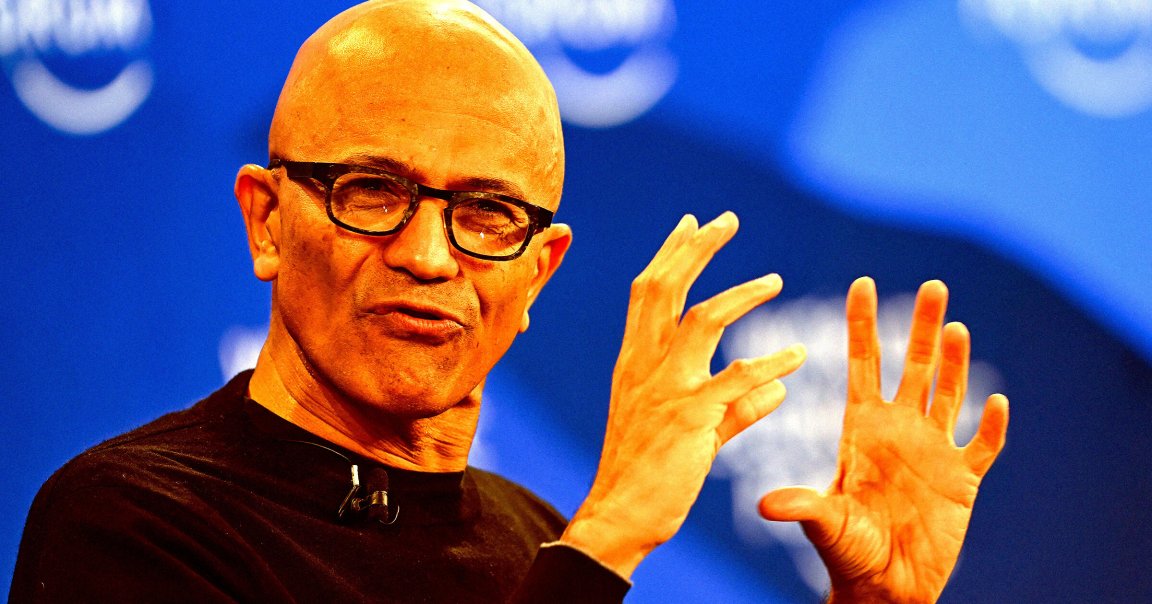 Microsoft CEO Satya Nadella gestures as he speaks during the World Economic Forum.