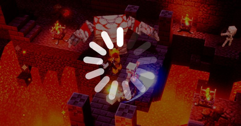 A screenshot of a Minecraft game with a buffering logo overlaid.