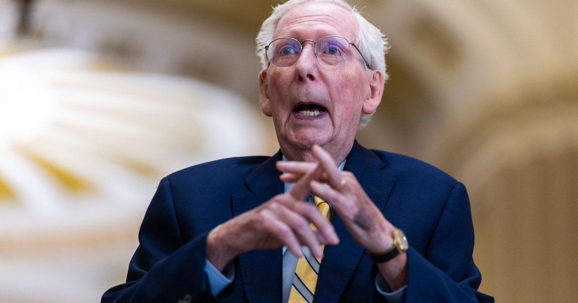 U.S. Sen. Mitch McConnell (R-KY) speaks to the press as he arrives for a vote at the U.S. Capitol.