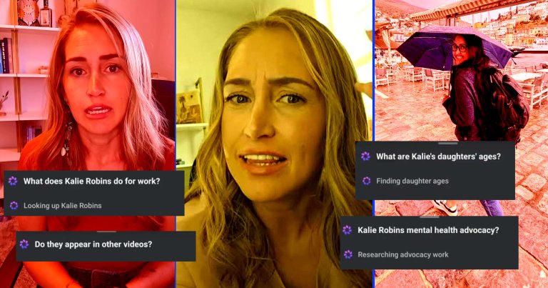 A collage of images show Kalie Robins, alongside invasive AI prompts she received on Instagram.