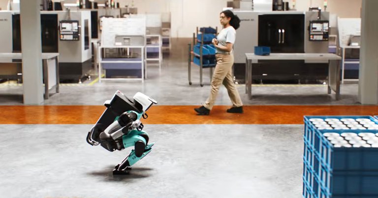 A screenshot of a video showing Agility Robotics' Digit 5 kneeling down.