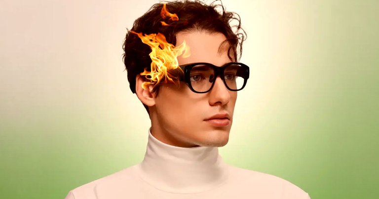 A photo illustration of a pair of smart glasses erupting in flames.