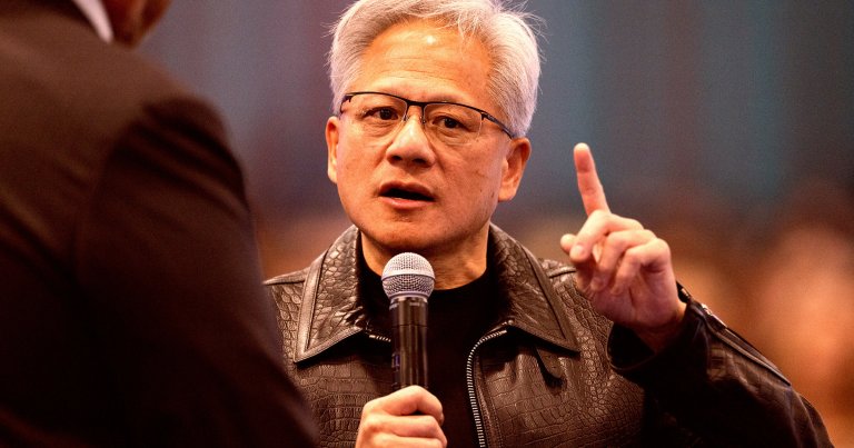 Nvidia CEO Jensen Huang speaks during the keynote address at Salesforce's Dreamforce conference.