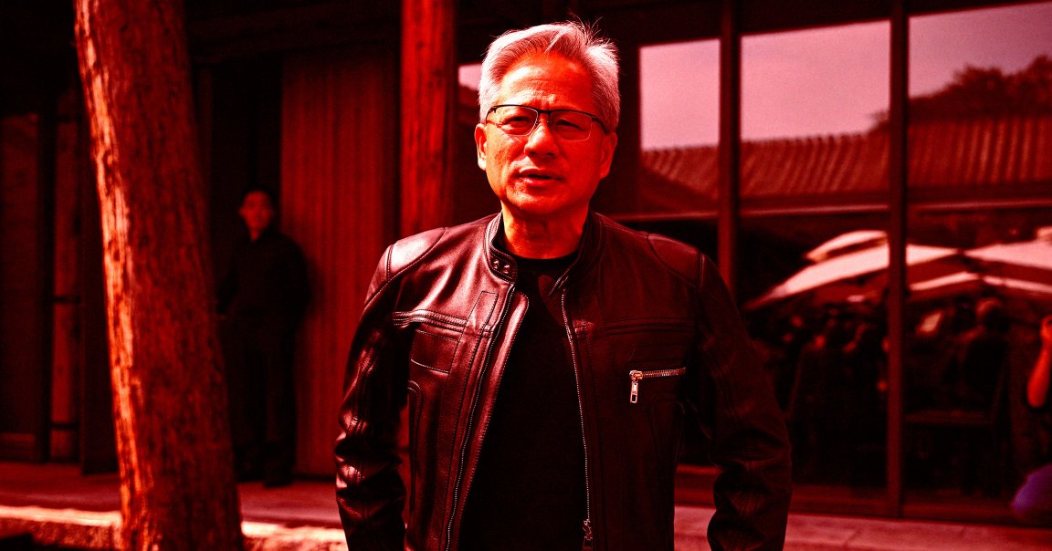 Nvidia CEO Jensen Huang speaks to journalists as he arrives for a press conference at a hotel in Beijing.
