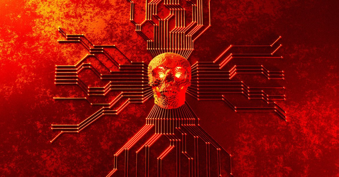 A photo illustration of a skull on a CPU.