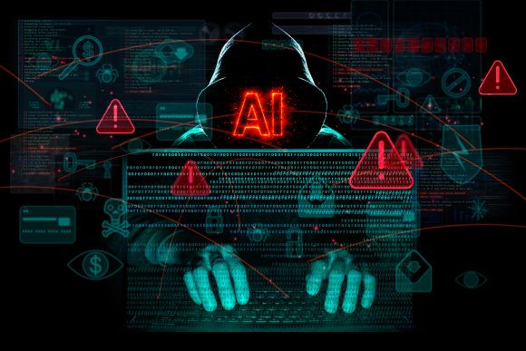 An illustration shows a hooded figure labeled "AI" in a dark computing environment.