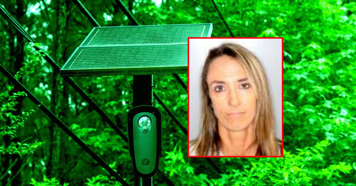 A photo illustration of a woman involved in a Flock scandal and a Flock camera.