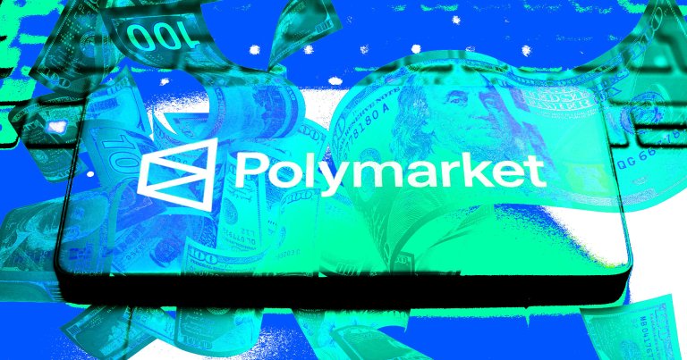 A photo illustration of Polymarket's logo and dollar bills.