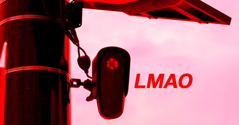 A photo illustration of a Flock camera with the letters "LMAO."