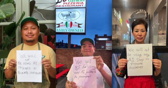 Pictures of restaurant owners pledging not to use AI for promotion.