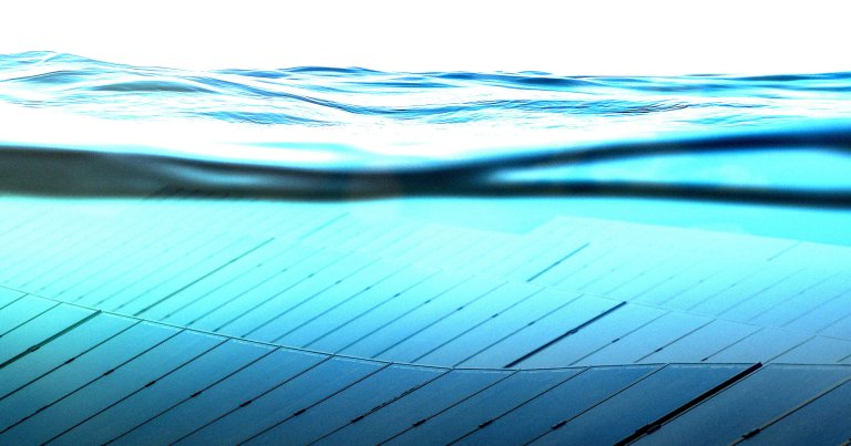 A photo illustration of underwater solar panels.