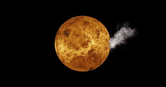 A photo illustration of a moon colliding with Venus.