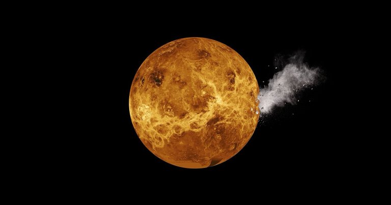 A photo illustration of a moon colliding with Venus.