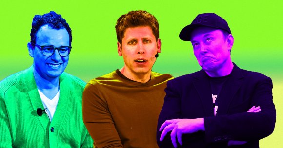 A photo illustration of Elon Musk, Sam Altman, and Dario Amodei.