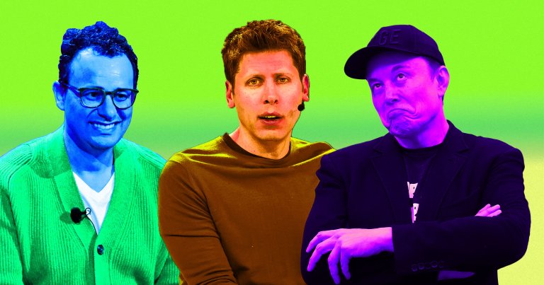 A photo illustration of Elon Musk, Sam Altman, and Dario Amodei.