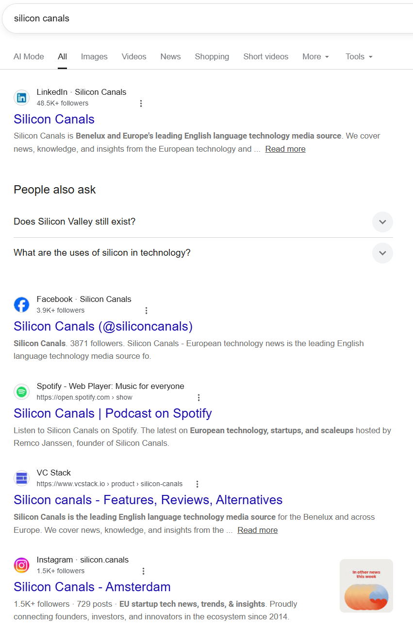 Google search results for "silicon canals" that don't show the actual Silicon Canals site.